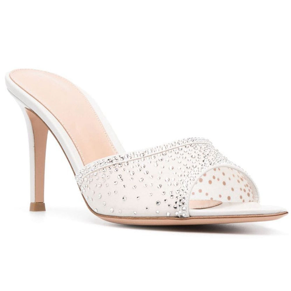 2024 New Spring Summer Rhinestone Decor Stiletto Heeled Mule Sandals For Women Elegant Chic Crystals Party Shoes Slipper Sandals