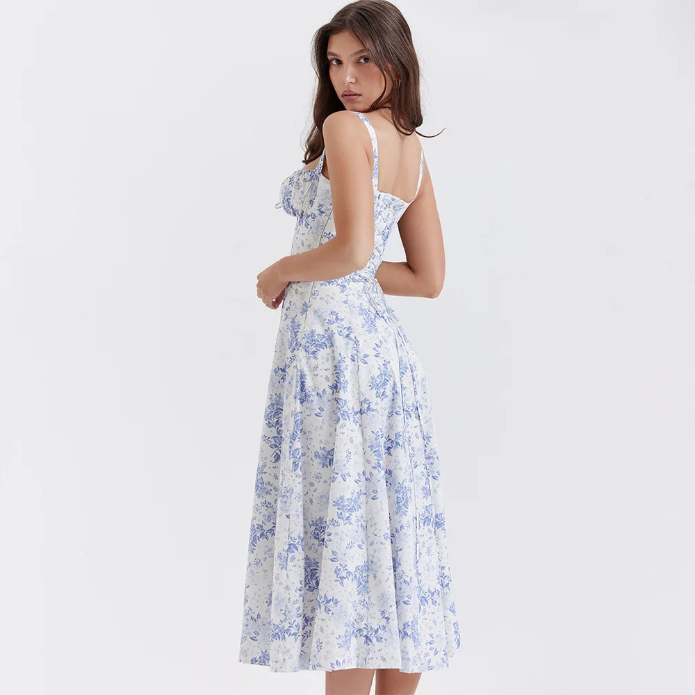 Mingmingxi Floral Print Summer Holiday Dress Elegant Midi Spaghetti Strap Lace Up Dress A Line Casual Women Clothing 240518