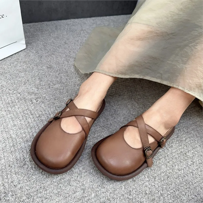 Johnature 2023 New Genuine Leather Round Toe Women Flats Shoes Handmade Solid Color Soft Sole Comfortable Casual Shoes
