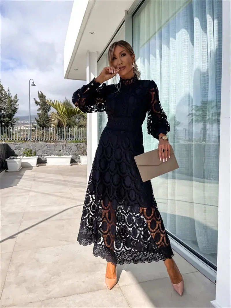 Women Fashion Dress Long Sleeved Lace Splicing Crochet embroidery Solid Color Hollowed out A Ling Long Dress 240518