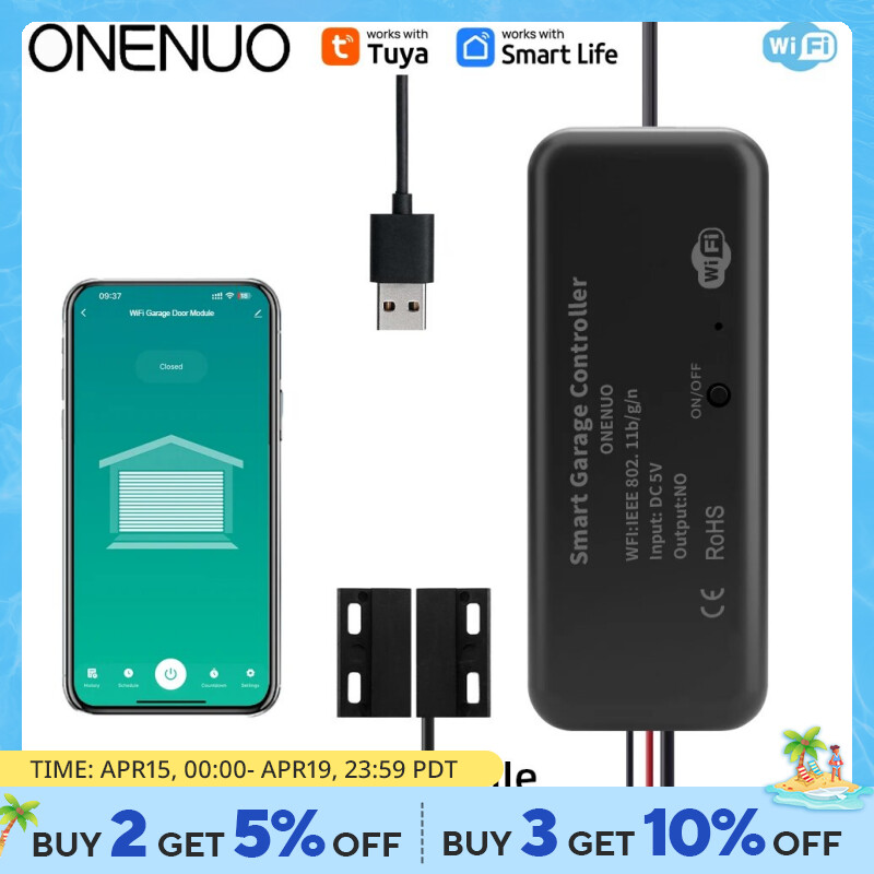 ONENUO Tuya WiFi Switch Smart Garage Door Opener Controller Work with Alexa Echo Google Home Smart Life(Support DC5V 1A Adapter)