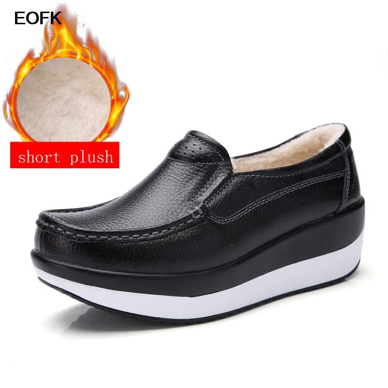 EOFK Women Winter Flats Shoes Loafers Genuine Leather Thickened Wool Warm Platform Moccasins Ladies Floors