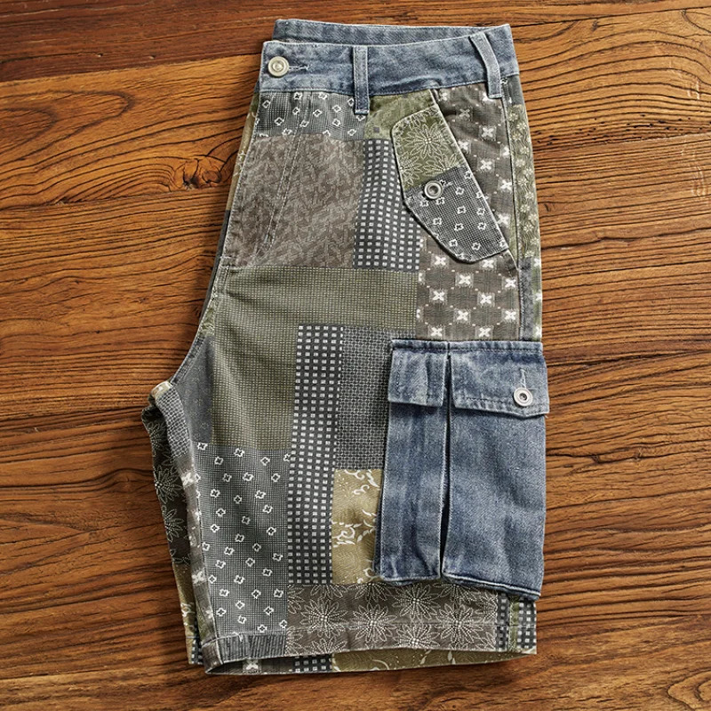 Stylish cargo denim shorts mens loose summer do old wash casual midlength pants five quarter 240516