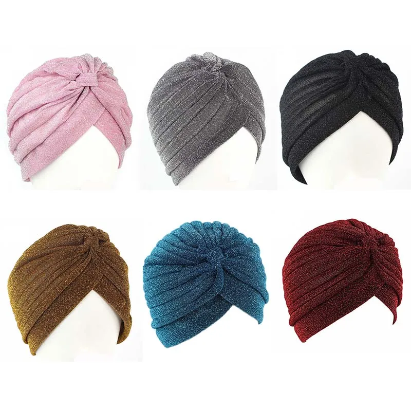 Women Twist Turban Cap Shiny Gold Silver Color Glitter Indian Hat Casual Solid Color Warm Female Beanie Caps Simple Headscarf