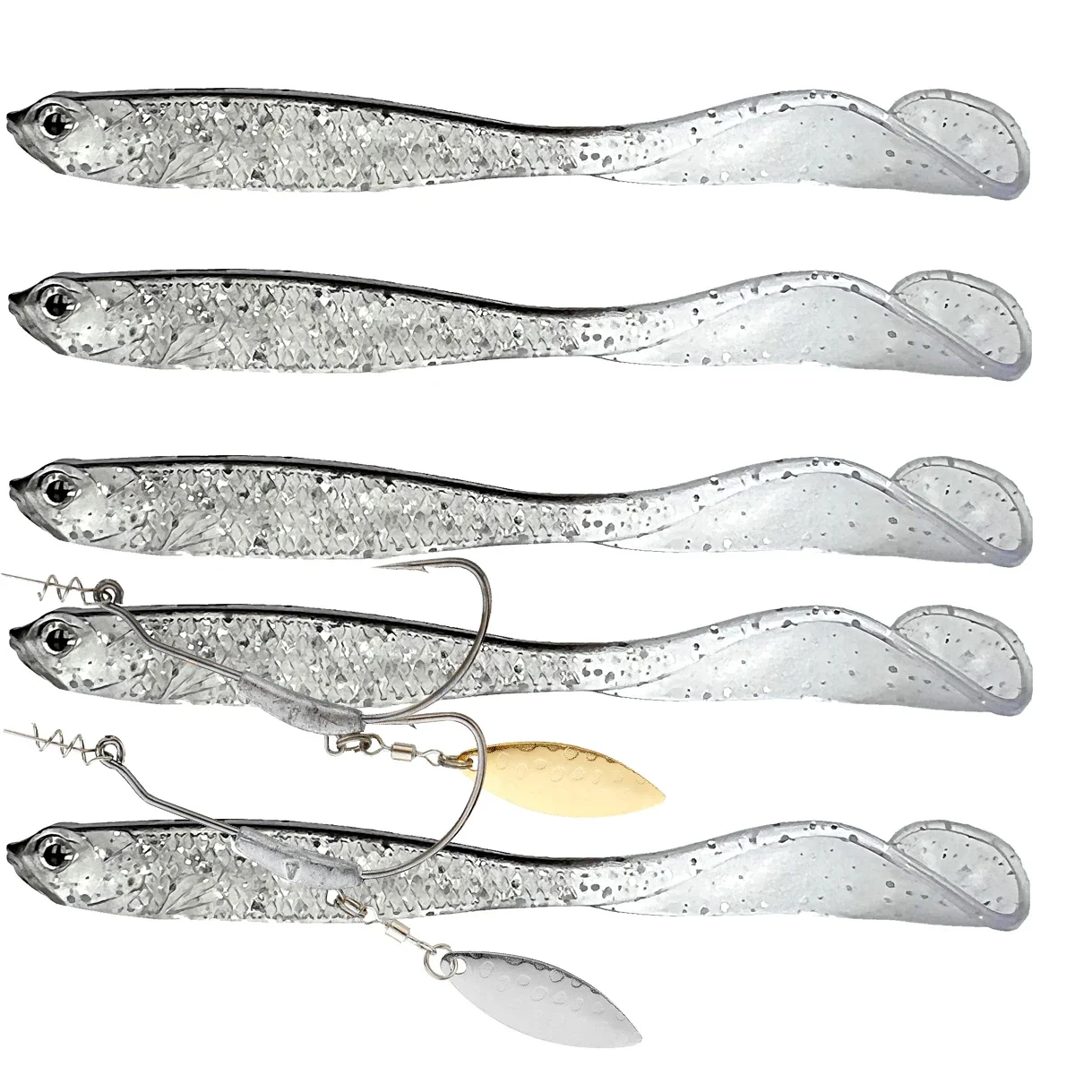 5Pcs lues 2pcs hooks Vigour Perch Fishing Lure Soft Bait Shad UV-Active Wobble Craft Rubber Fish Swimbait For Perch,Pike,Zander