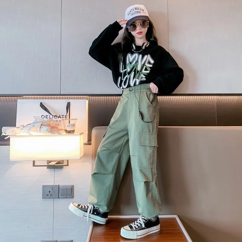 Teenage Girls Autumn Thin Sweatshirt Set Children's Letter Printed Tops Work Pants 2 Sets Spring Casual Clothes 3-15Y