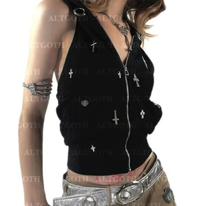 Harajuku Emo Alt Dark Vest Women Y2k E-girl Streetwear Gothic Cross Hooded Crop Tank Top Cyberpunk Grunge Outfits Female 240513