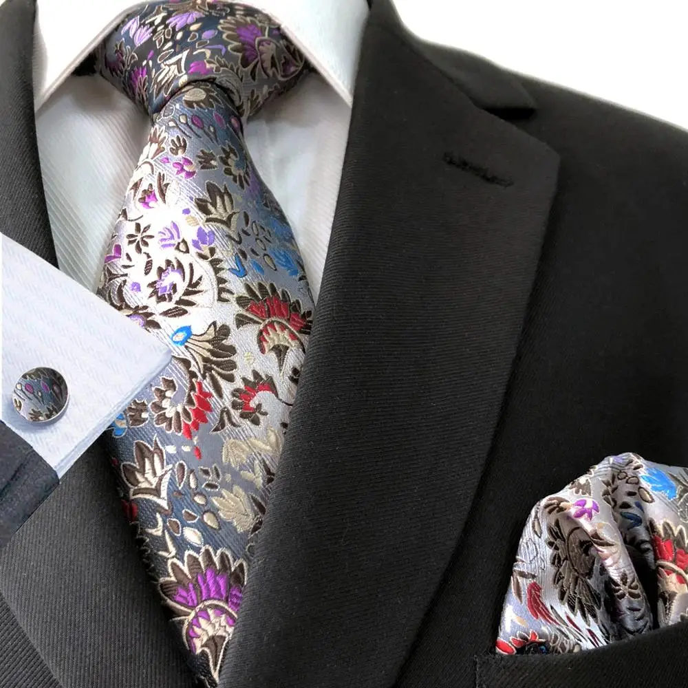 Paisley Blue Multicolor Mens Necktie Set Wedding with Classic Pocket Square Party Cufflinks Silk Fashion