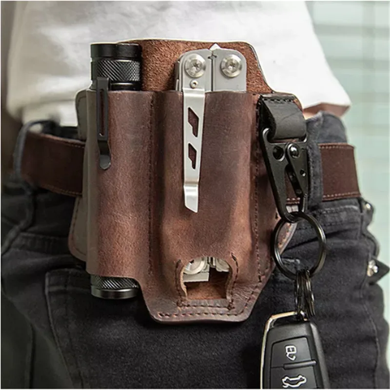 Multitool Sheath for Belt Leather Sheath for Man EDC Pocket Organizer Tool Pouch with Pen Holder Key Fob Pouch