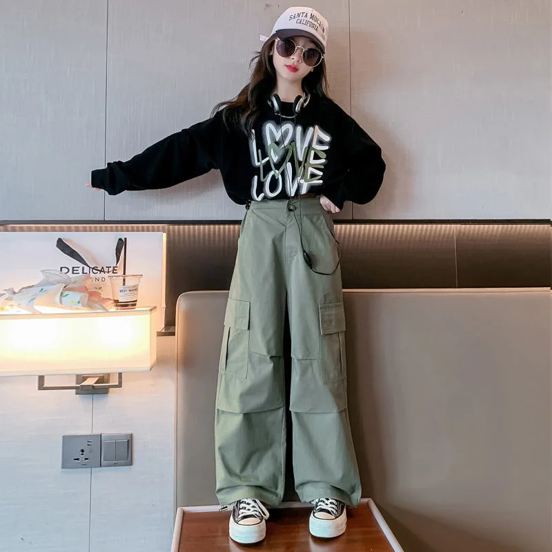 Teenage Girls Autumn Thin Sweatshirt Set Children's Letter Printed Tops Work Pants 2 Sets Spring Casual Clothes 3-15Y