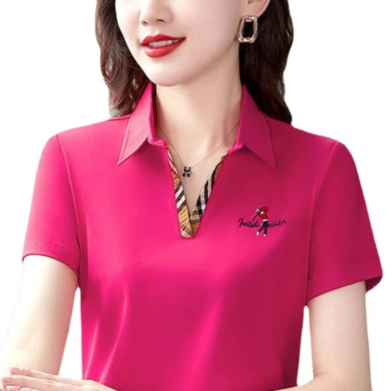POLO Women Summer Fashion Pure Cotton Summer Women Short Sleeve Golf Polo Shirt Loose Top Lapel Large Size T-shirt 240521