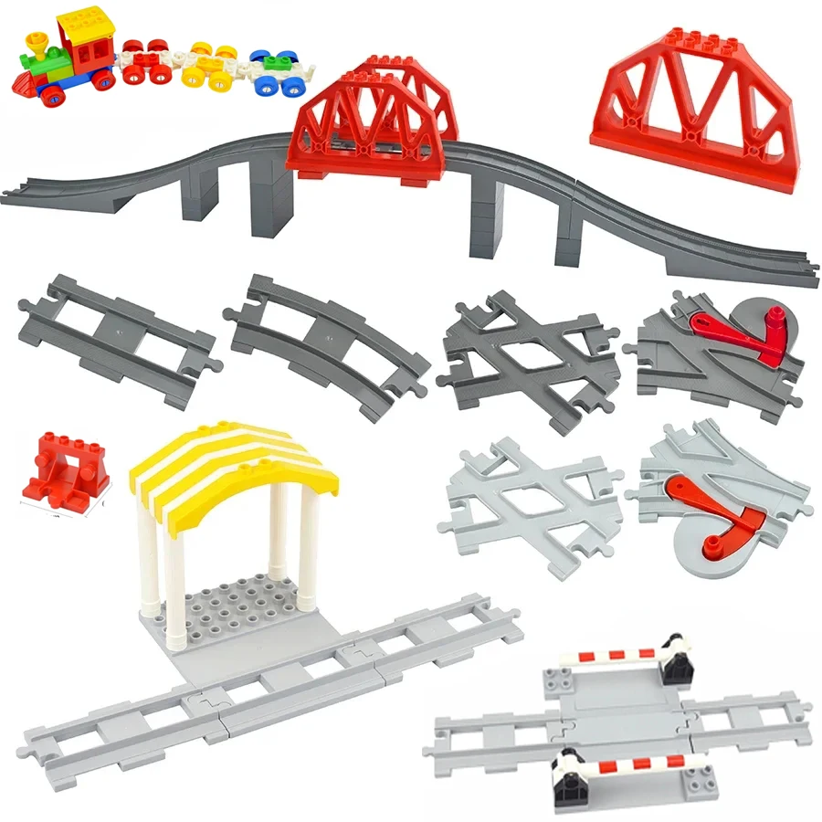 Big Size Train Car Tracks Bricks Transport Accessories Straight Curved Uphill Switch Rail Building Blocks Compatible Duploes