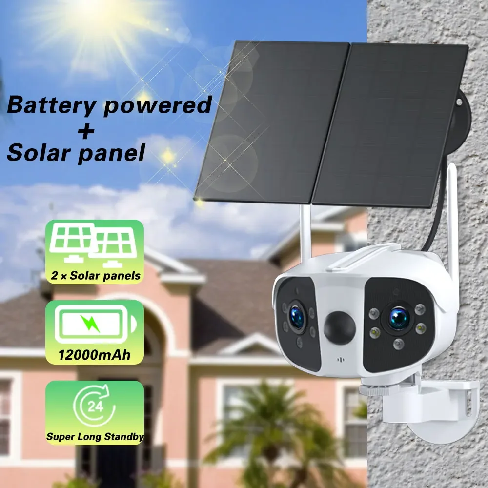 4K Outdoor WIFI Solar Camera With 2 Solar Panels 8MP Dual Lens Human Detect 180° Ultra Wide Angel Panoromic CCTV Security Camera