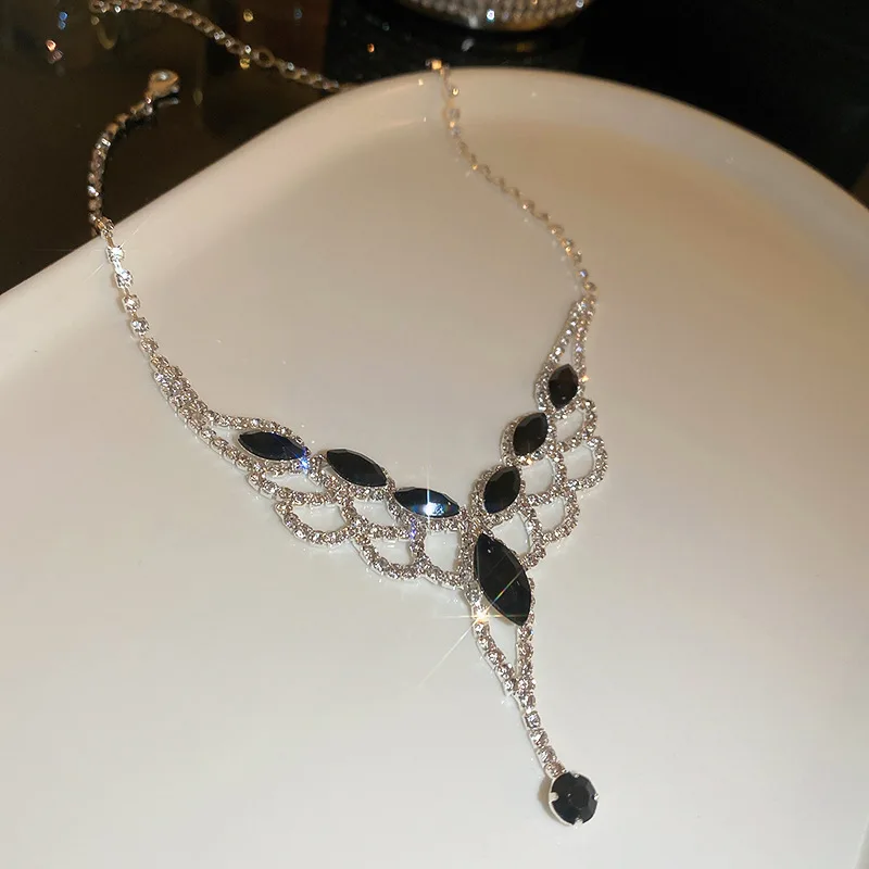 FYUAN Geometric Hollow Rhinestone Necklace Earrings Women Black Crystal Earrings for Wedding Bride Jewelry Sets Accessories smile