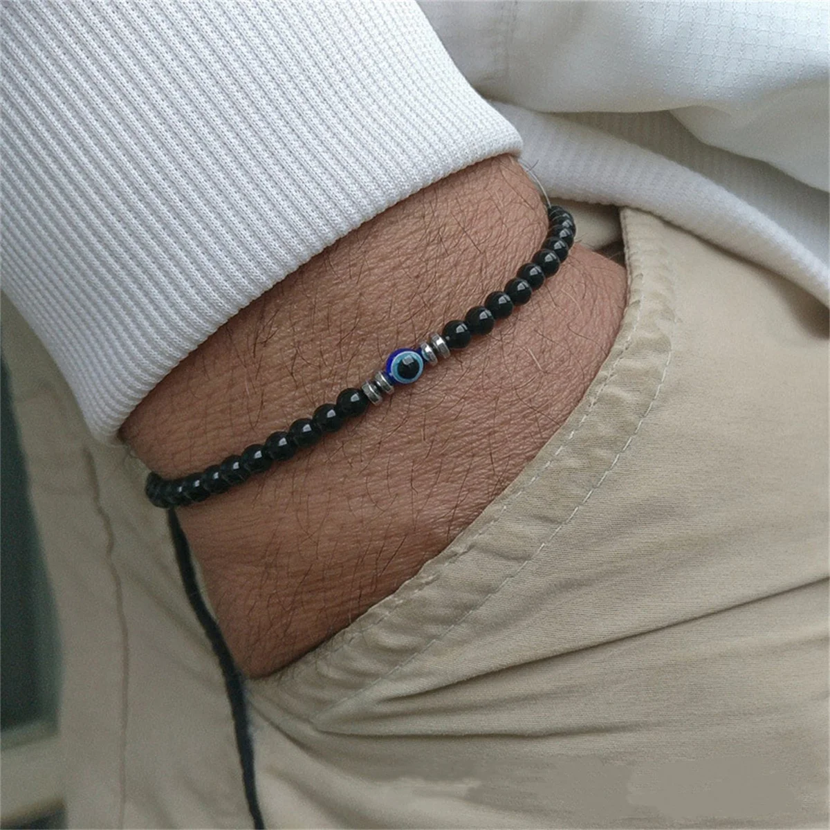 Men's 4mm Natural Lava Stone Tiger Eye Beads Bracelet Turkish Blue Evil Eye Bracelet Prayer Yoga Bangles Jewelry Pulsera Hombre
