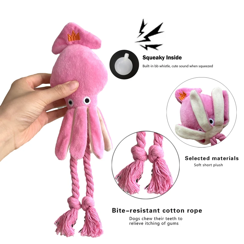 2025 Cute Squid Plush Dog Chew Toys Funny new Small Medium Dogs Squeaky Sound Rope Toy Pets Supplies