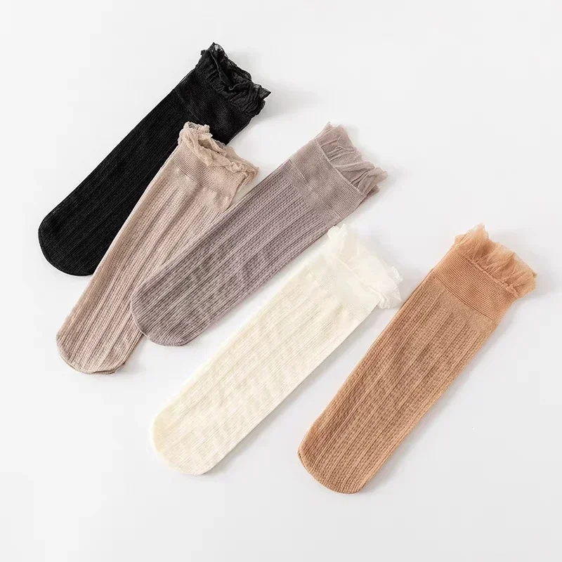 Pairs lot Veet Frilly Ruffle Socks Women Ultra thin Transparent Lace Retro Summer Haruku Long Stocking Hollow Out Sox 5