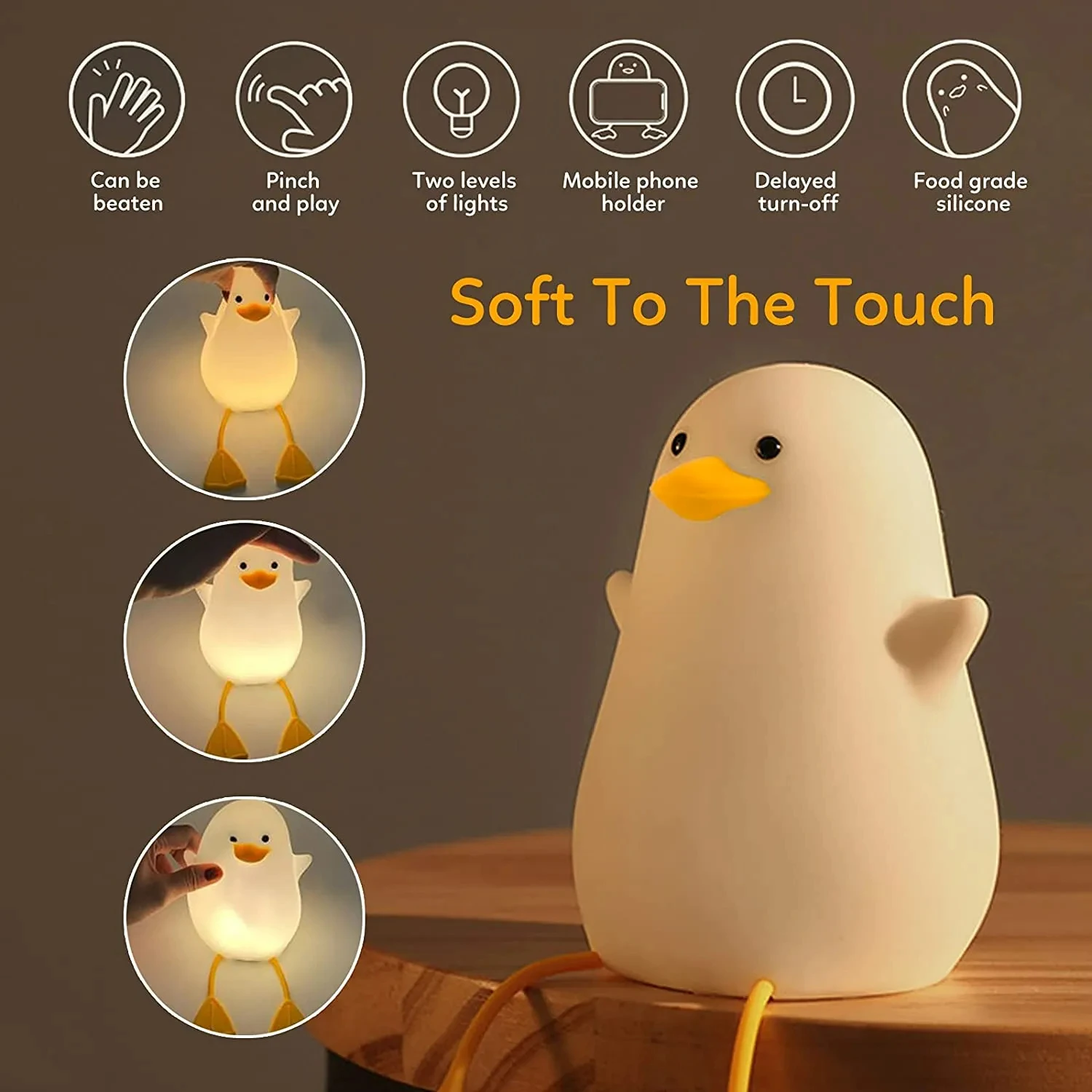 Cute Duckling Night Light Silicone Patting Lamp Duck Lamp for Kids USB Rechargeable LED Bedside Lamps Touch Control Night Lamp