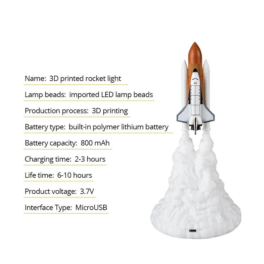 Night 3D Print LED Light Space Shuttle Rocket Lamp USB Rechargeable Table Lamp Children's Gift Bedside Study Desk Room Decor smile
