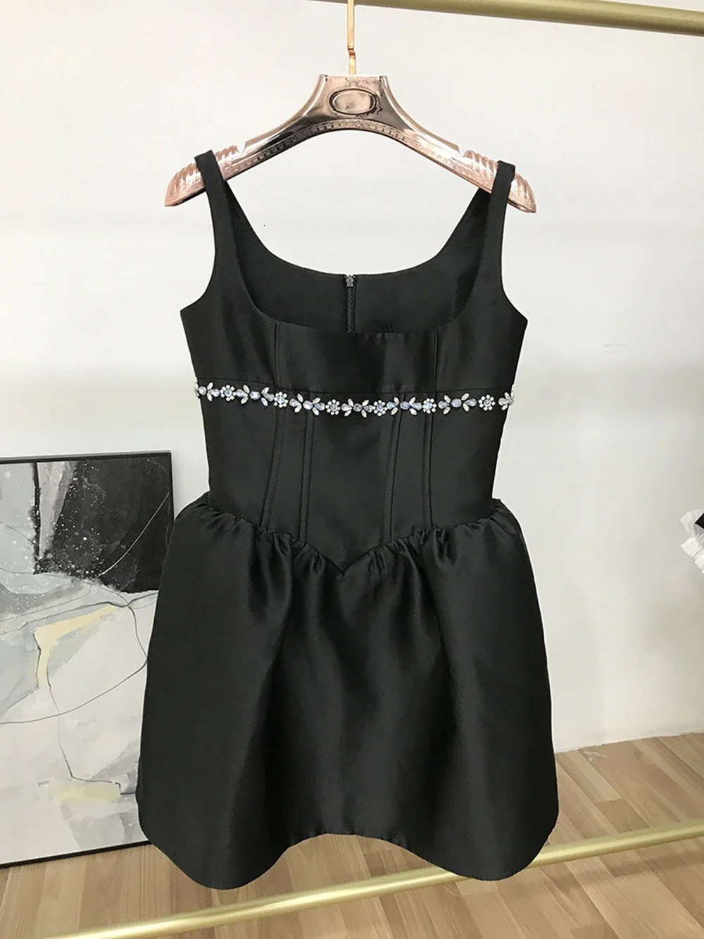 Womens Black Sexy Square Neck Sleeveless Diamond Aline Low cut Mini Dress Elegant Celebrity Party 240515