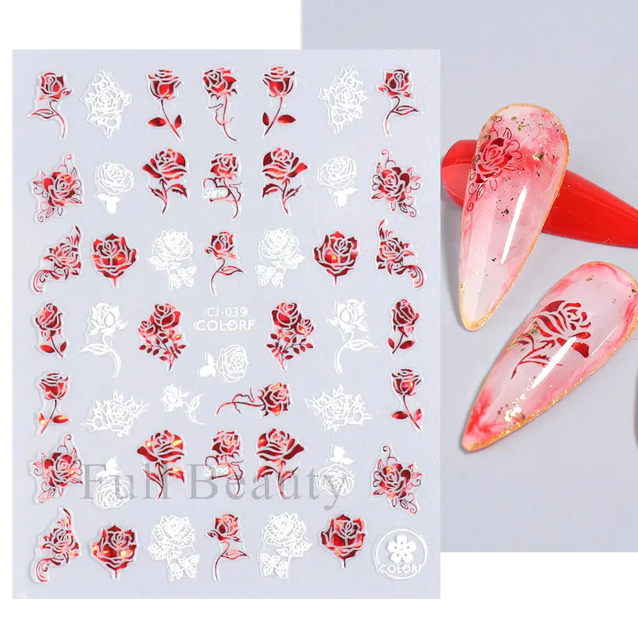 D Red Heart Nail Stickers Rose Flower Sexy Lips Sliders Lover Letter Laser Foil Decals Valentine Manicure Decor LACJ 5