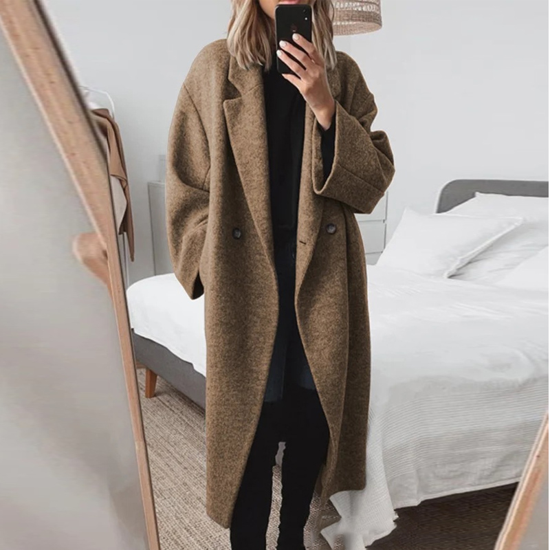 Simple Casual Turn-down Collar Long Coat Women Double Breasted Autumn Jacket Cardigan Winter Long Sleeve Woolen Trench Outerwear