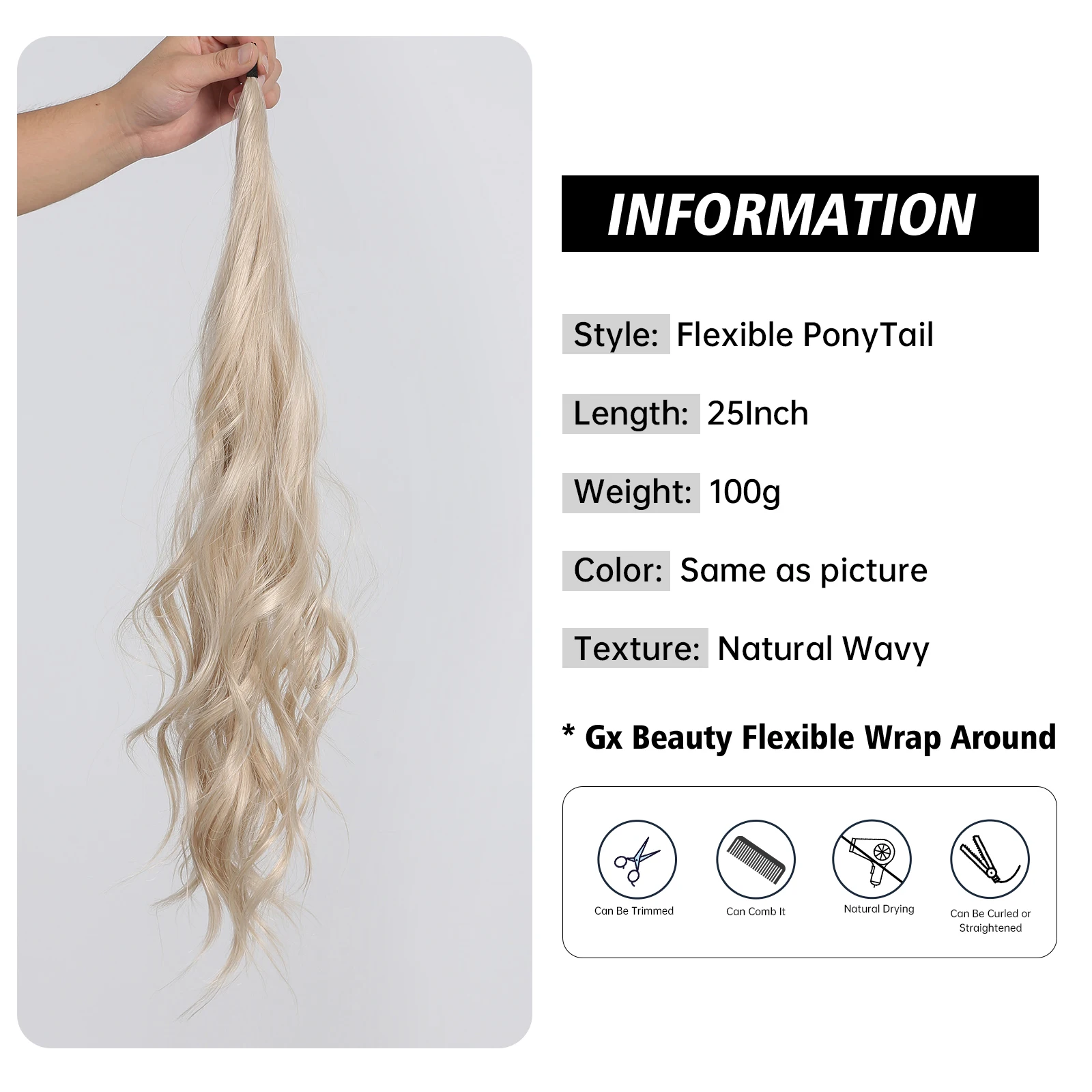 HAIRCUBE 25inch Synthetic Long Flexible Wrap Around Ponytail Platinum Natural Wave Cosplay Pony Tail Hair Extensions for Women