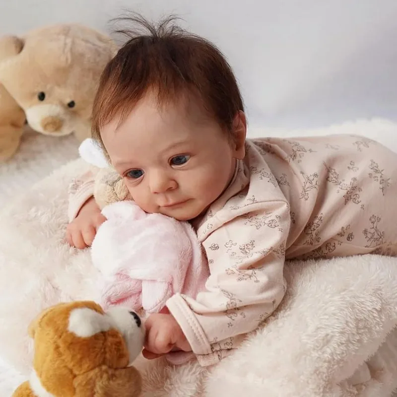 18" Realistic and Cute Reborn Baby Doll Girl Bright Blue Eyes Opened With Brown Hair Named Sum LOL Christmas Gift Dolls For Kids