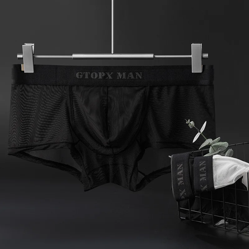 Underwear Men's Full Mesh Boxers Thin Ice Silk U Convex Low Waist Transparent Sexy Boys Underwear