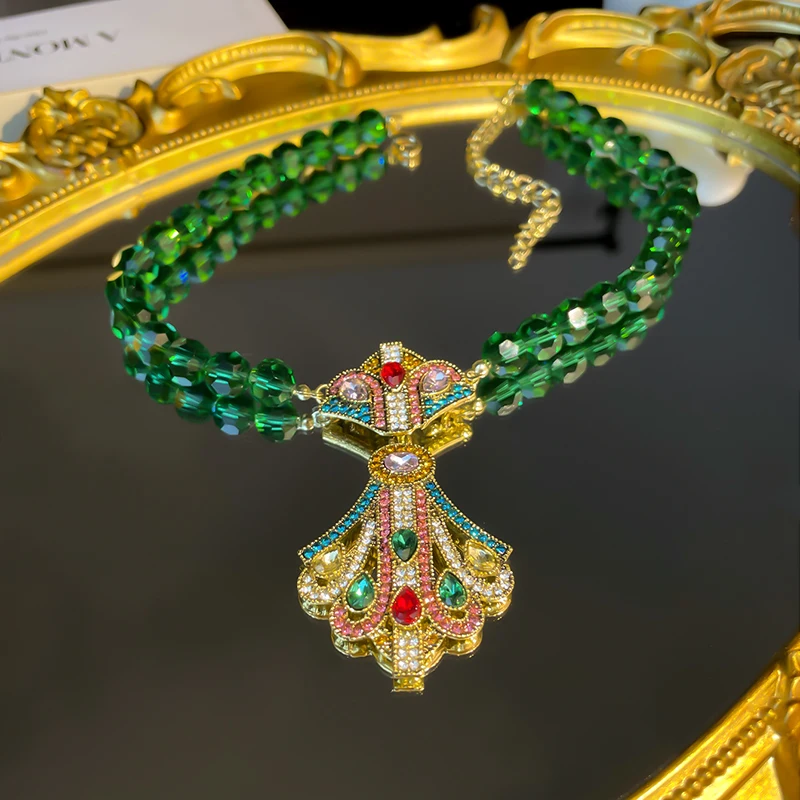 Vintage Baroque Style Green Beads Necklace For Women Geometric Colourful Crystal Earrings Banquet Jewelry Sets
