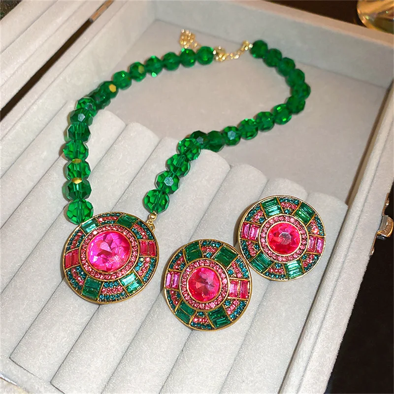 Luxury Green Crystal Necklace Earrings For Women Geometric Colourful Earrings Weddings Banquet Jewelry Sets