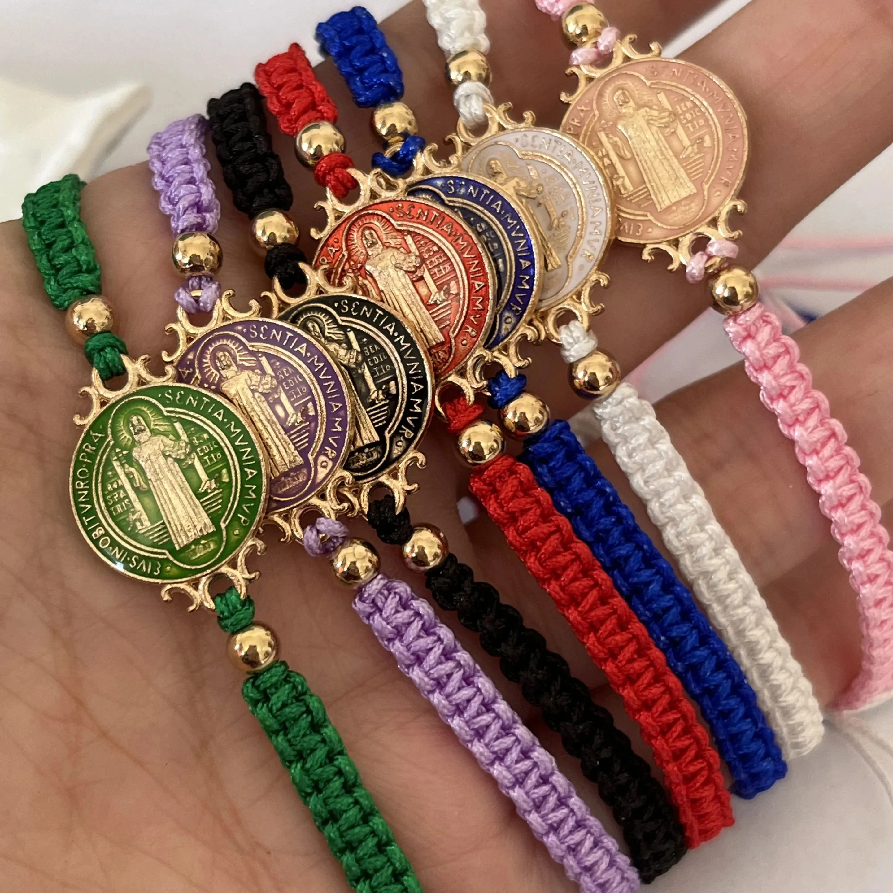 1 Pcs Size Adjustable Colorful Gold Plated Saint Benedict Handmade Weave Rope Religious Bracelet For Prayer Or Given As A Gift