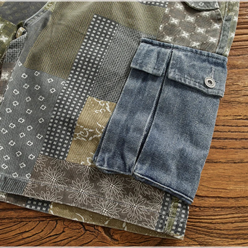Stylish cargo denim shorts mens loose summer do old wash casual midlength pants five quarter 240516