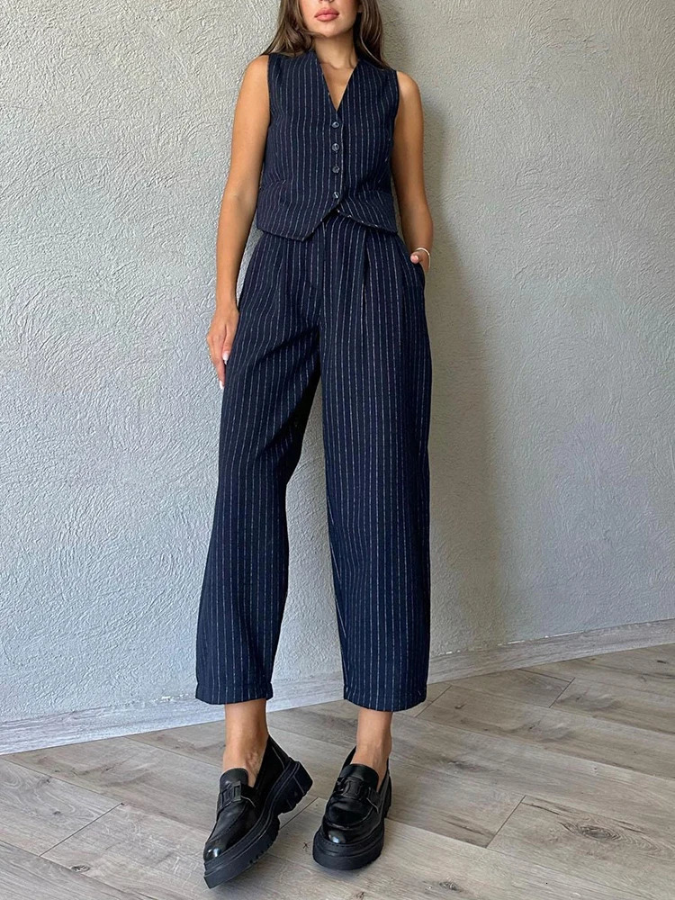 Spring Office Trouser Suit for Women Striped Sleeveless Waistcoat with Harem Pants Korean Twopiece Set Womens Tracksuits 240516