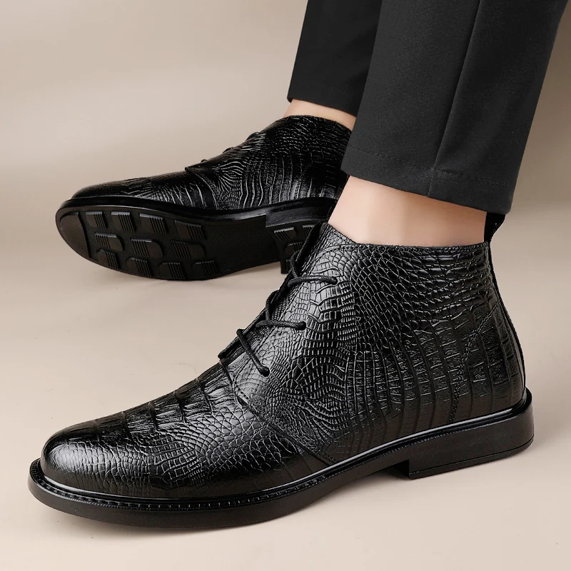 Men's Shoes Genuine Leather Ankle Boots Men Stylish Men Winter Plush Snow Boots Lace-Up Crocodile Pattern Men Motorcycle Boots