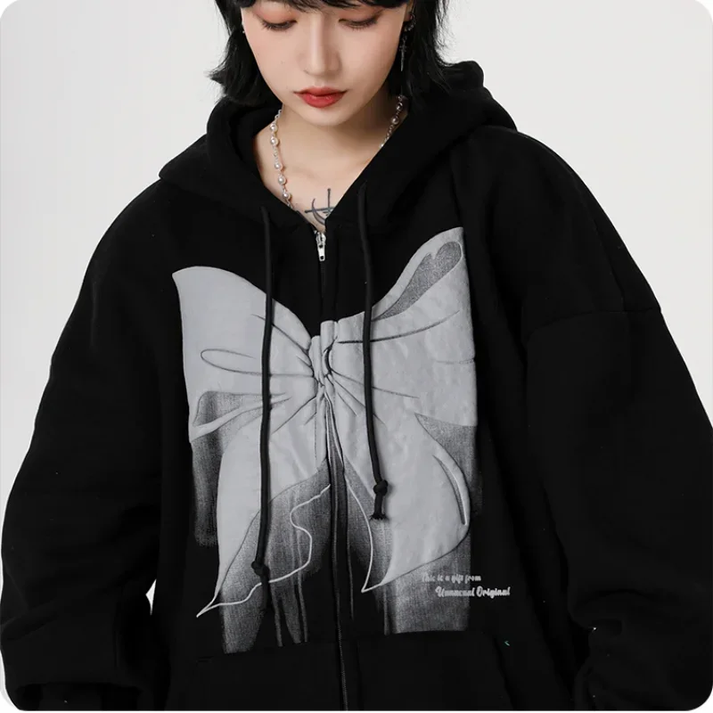 Y2k Europe And America Fan Bow Hooded Cardigan Plus Velvet Sweater Men and Women Loose Tops Oversize Lazy Wind Zipper Coat