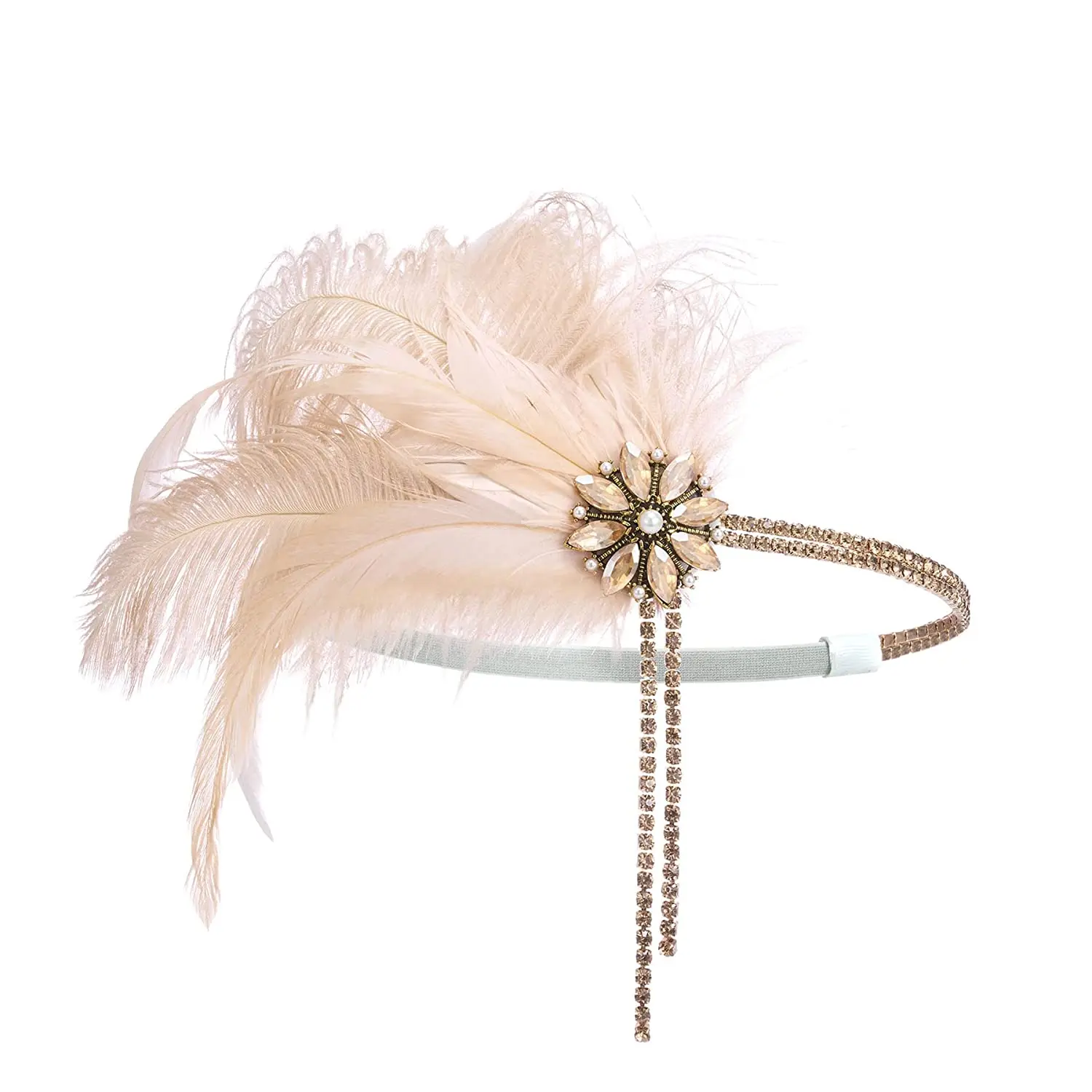 1920s Headpiece Flapper Headband, Rhinestone Pearl Feather Hair Band Great Gatsby Headpiece Accessoreis for Women