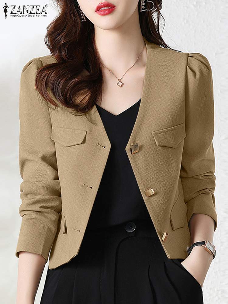 2023 ZANZEA Women Elegant V Neck Long Sleeve Blazer Autumn Office Lady Suits Coats Fashion Solid Work Jackets Party Thin Outwear