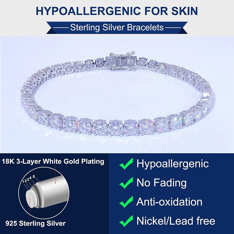 designer design Jewelry vvs moissanite bracelet hip hop 3mm 7-8 inch iced out dia sterling sier 4mm 5mm woman tennis chain valentines day gift accesso