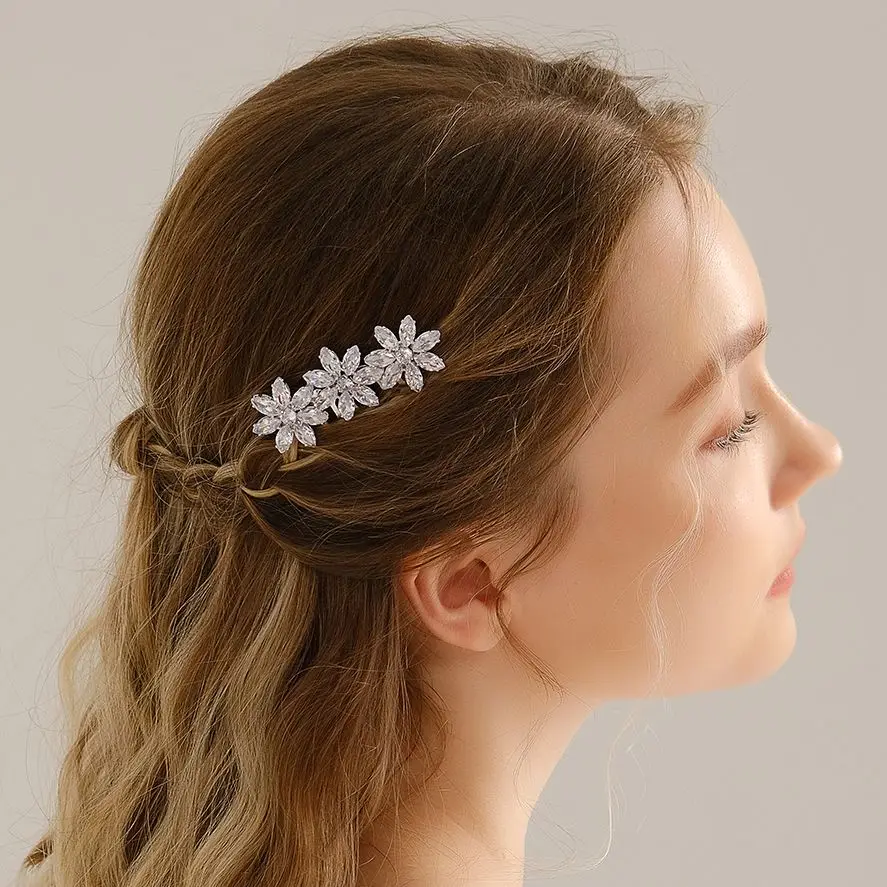 Luxury Wedding Hair Comb Big Crystal Flower Cubic Zirconia Bridal Hair Comb Pin Accessories Jewellery Elegant Women