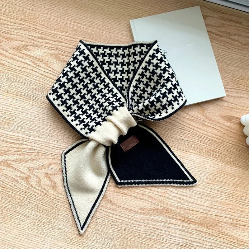 Warm Cashmere Neck Tie Scarf For Women Plaid Neckerchief Knitted Scarfs Long Skinny Small Scarves Bandana Female Foulard 5