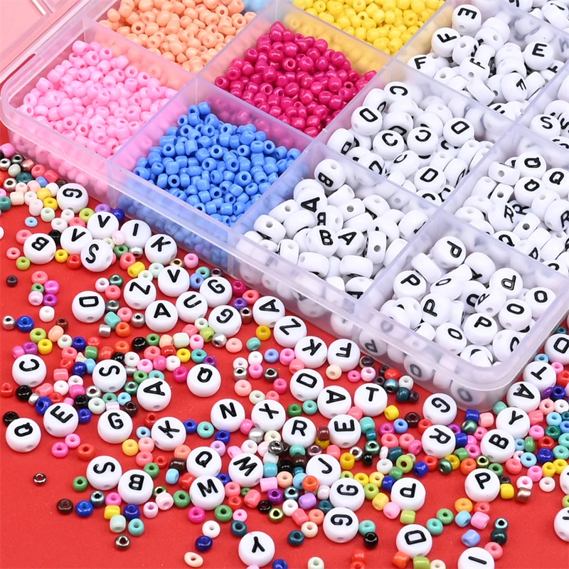 24Grids Letter Acrylic Beads Box Glass Seed Beads Kits With Cord DIY Bracelet Jewelry Making Kits Bead Crafts Accessories