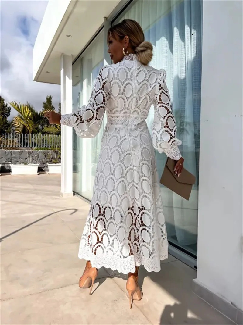 Women Fashion Dress Long Sleeved Lace Splicing Crochet embroidery Solid Color Hollowed out A Ling Long Dress 240518