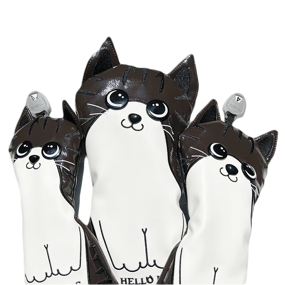 Cute Cat Golf Headcover PU Leather Waterproof Durable Golf Wood Cover for Driver Fairway Hybrid Golf Club Head Cover Brown