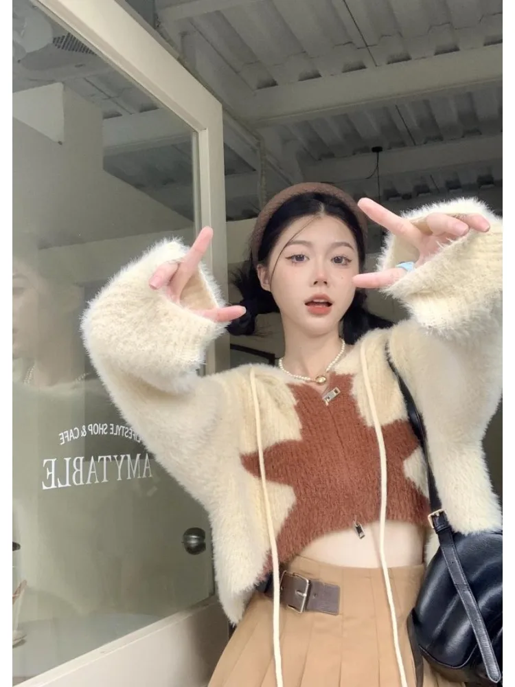 Deeptown Y2K Beige Crop Knit Sweater Women Gyaru Vintage Star Cardigan Tops Korean Style Streetwear Jersey Loose Hoodie Egirl