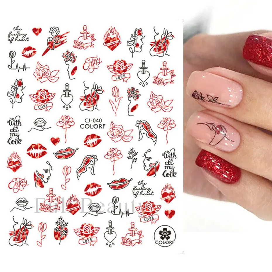 D Red Heart Nail Stickers Rose Flower Sexy Lips Sliders Lover Letter Laser Foil Decals Valentine Manicure Decor LACJ 5