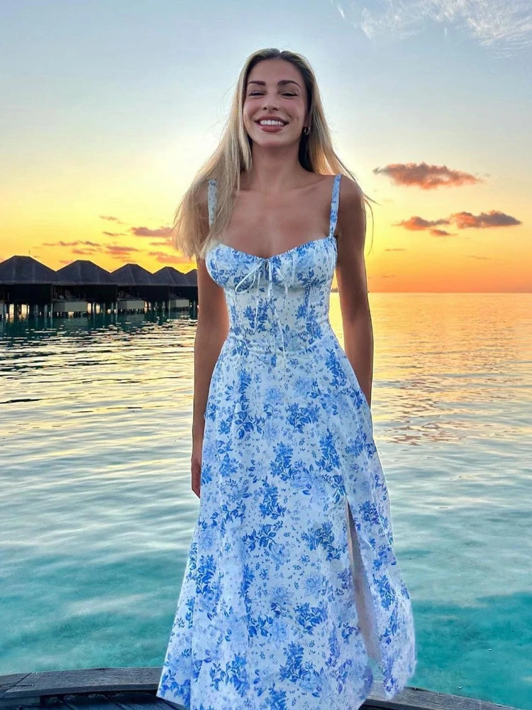 Mingmingxi Floral Print Summer Holiday Dress Elegant Midi Spaghetti Strap Lace Up Dress A Line Casual Women Clothing 240518