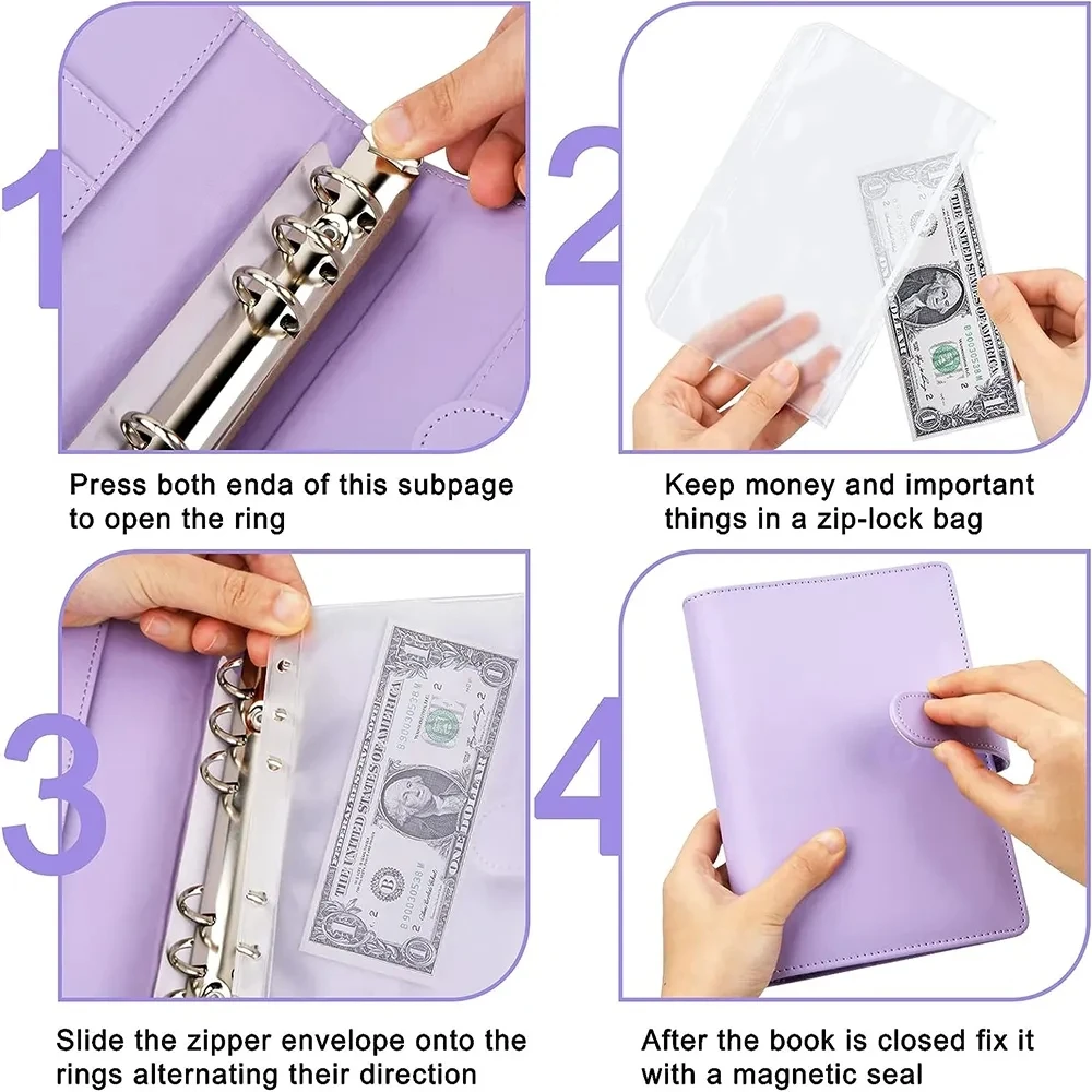 A6 Binder Budget PU Leather Planner Pockets Expense Budget Sheets Notebook A6 Cash Envelope Organizer System with Clear Zipper