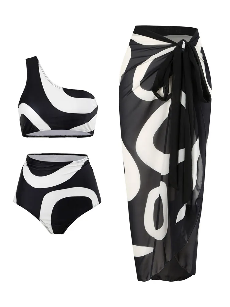 Black White Printed Split Swimsuit Two Piece Sexy One Shoulder Bikini 2023 Women High Waist Brazilian with Beach Cover Up Skirt