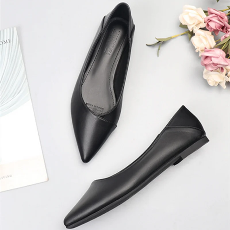 Womens Full Black Elegant Null Sewing Shoes Pointy Toe Designer Leather Pointy Toe Flats For SKinng Ballet Dancer Slip-On 32-48